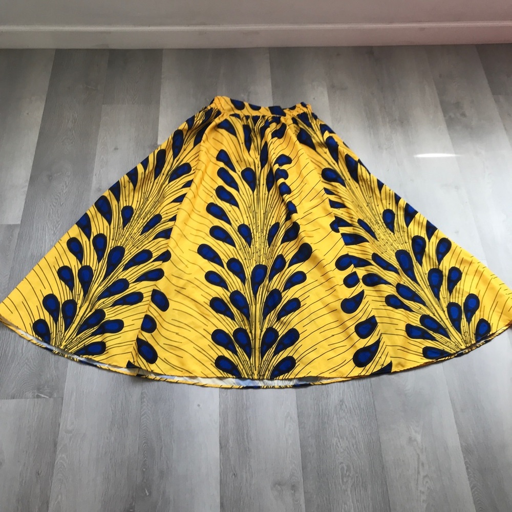 WOMENS YELLOW BLUE SKIRT ANKARA MAXI CIRCLE A LINE BELTED HIGH RISE 1X